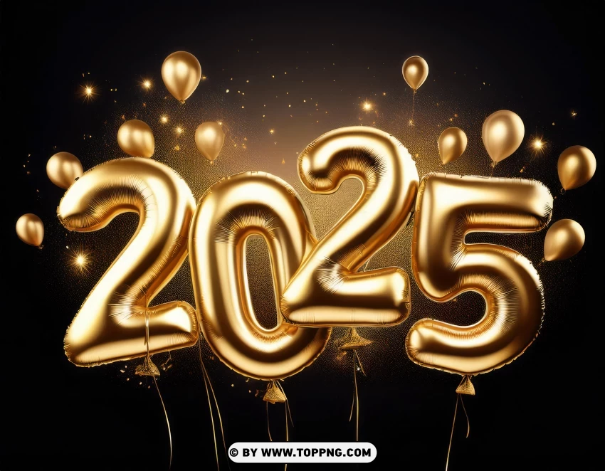 Realistic 2025 Golden Numbers And Festive Confetti On Black PNG Transparent Background