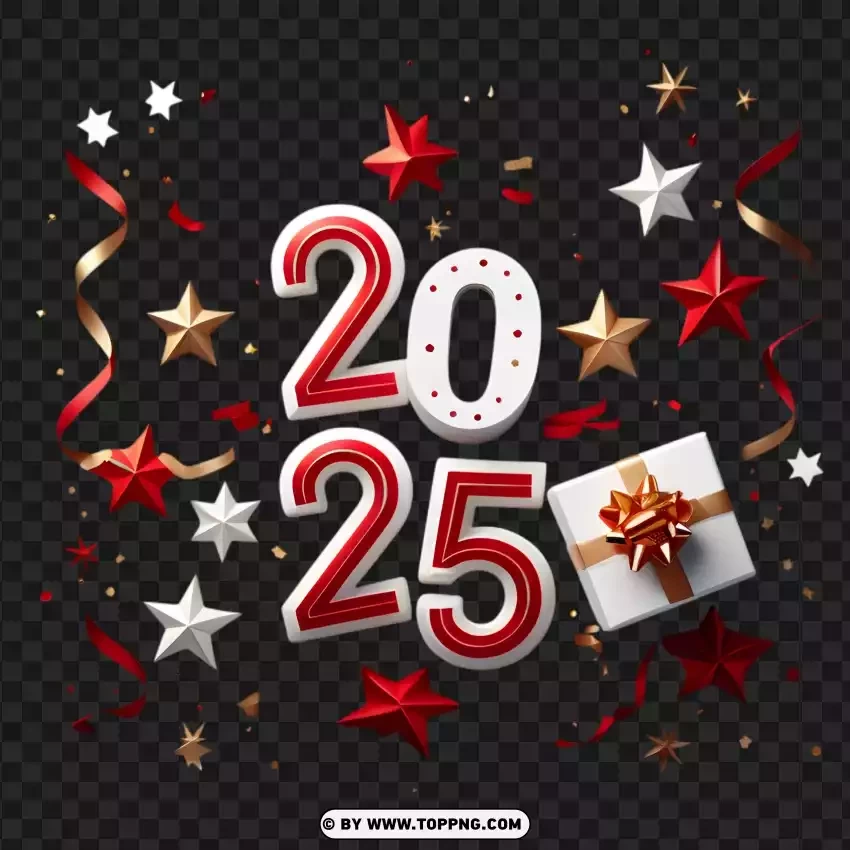 Red Volumetric 3d Happy 2025 With A Gift Box PNG Transparent Background