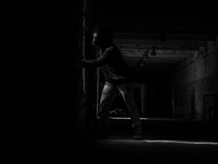 respirator, man, dark, mask, room, gloomy