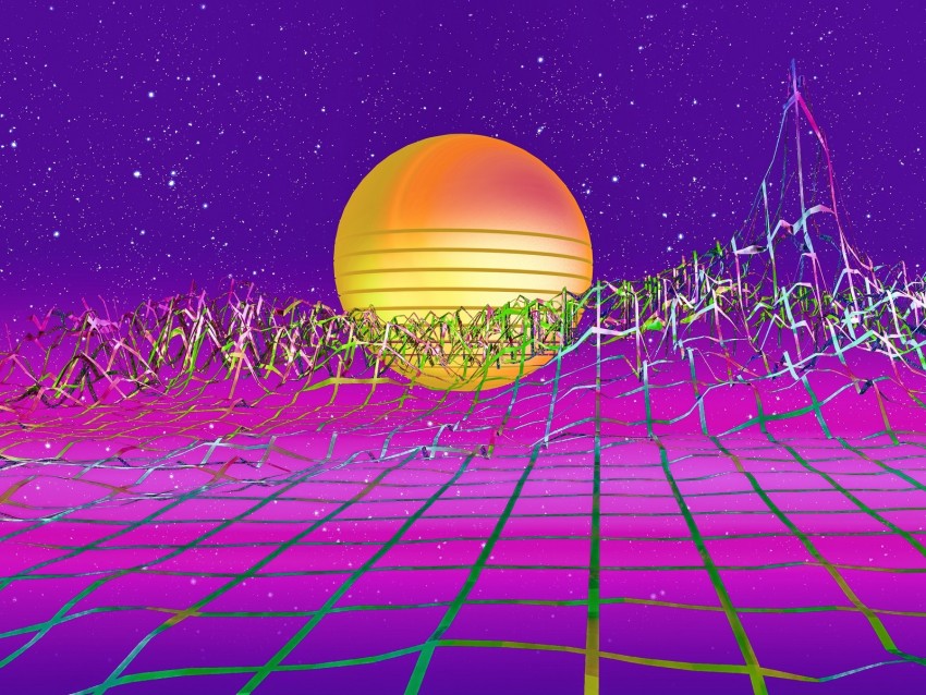 retrowave, art, retro, synthwave, sun, relief, grid