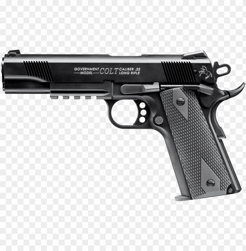 firearm, Colt pistol, semi-automatic handgun, steel construction, black finish, textured grip, tactical design