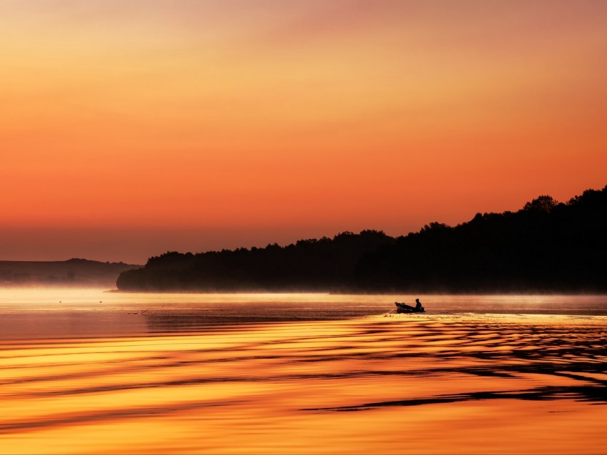 river, boat, silhouette, twilight