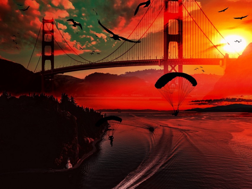 River Bridge Sunset Parachutists Birds Boats Background