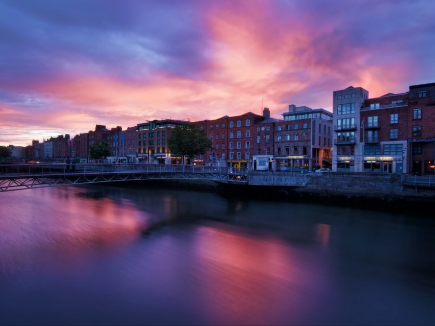 river, buildings, sunset, architecture, bridge