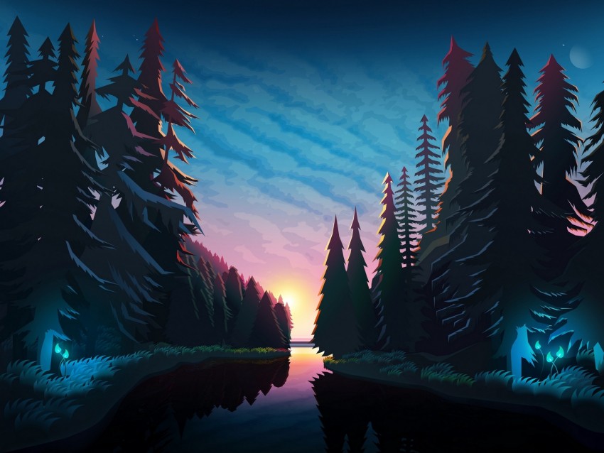 river, forest, sunset, landscape, art