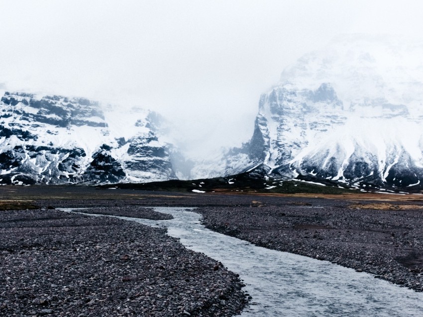 River Glaciers Mountains Fog Current Stones Iceland Background