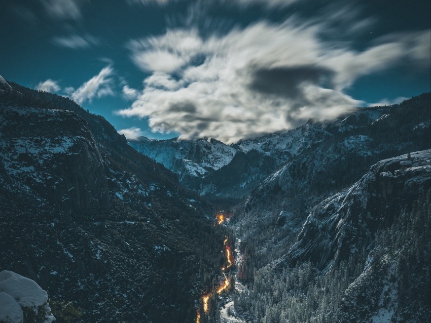 river, mountains, aerial view, overcast, snow