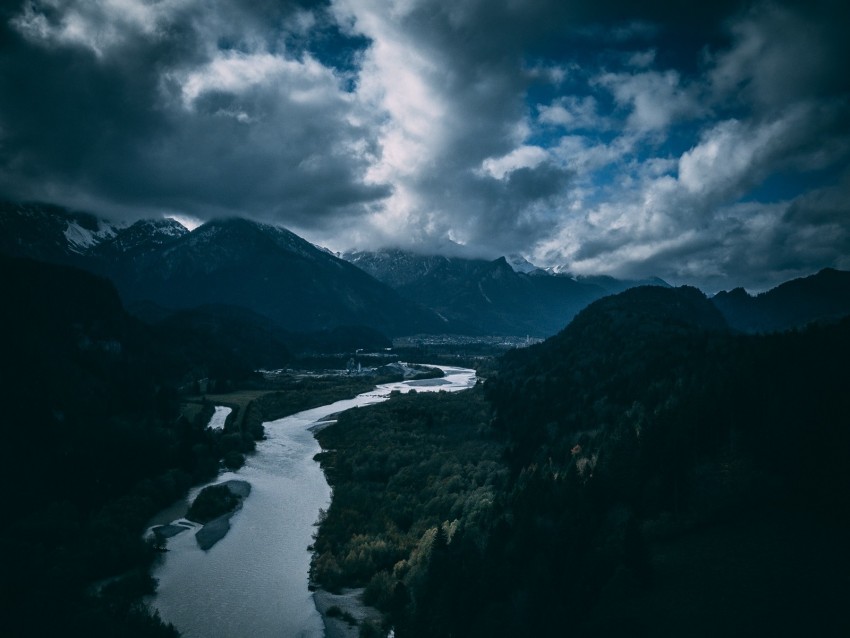 River Mountains Aerial View Sky Clouds Trees Germany Background