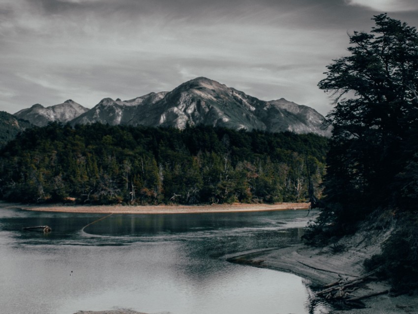 river, mountains, forest, shore, shallow