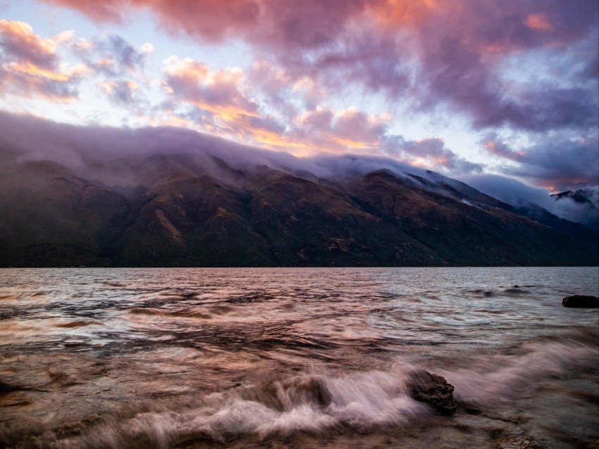 river, shore, fog, landscape, hills, waves, clouds