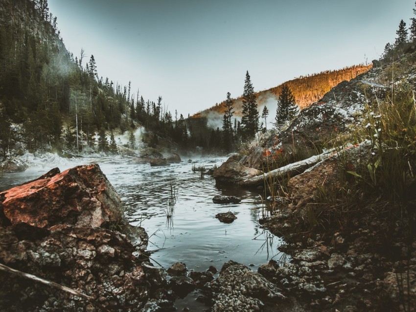 river, stones, mountains, grass