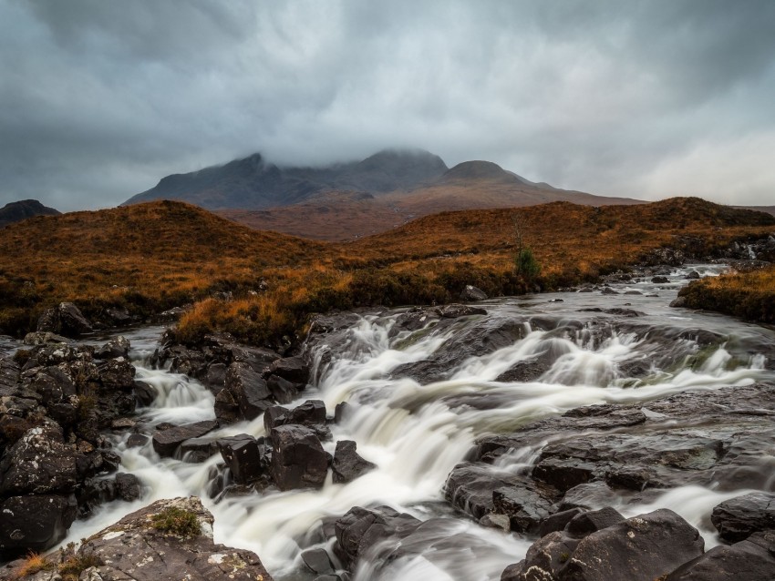 river, stones, waterfall, flow, fog