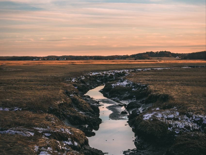 River Stream Current Horizon Grass Sky Background