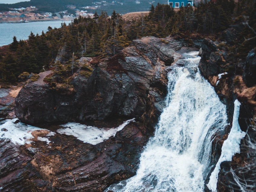 river, stream, rocky shore, trees, foam, fast, noisy