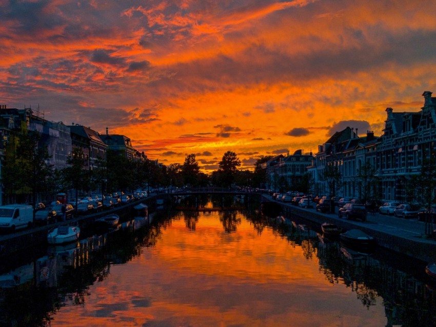 River Sunset Canal City Netherlands Background