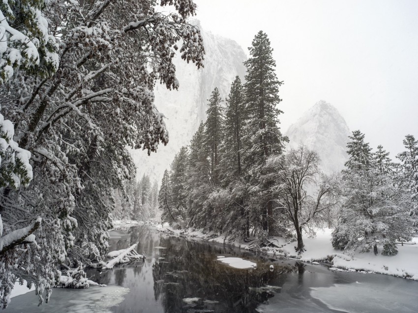 river, trees, snow, mountains, landscape, winter