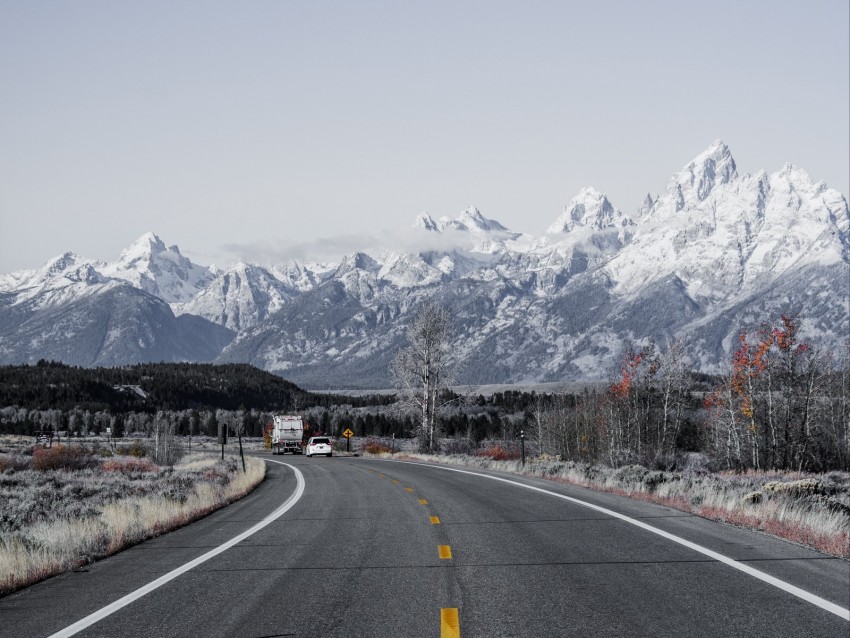 road, asphalt, mountains, turn, wyoming