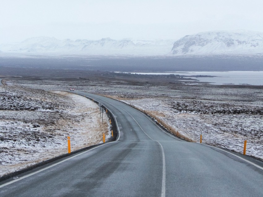 road, asphalt, snow, turn, direction, marking