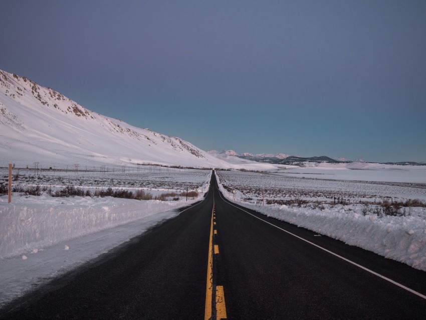 Road Asphalt Snow Winter Horizon Direction Background