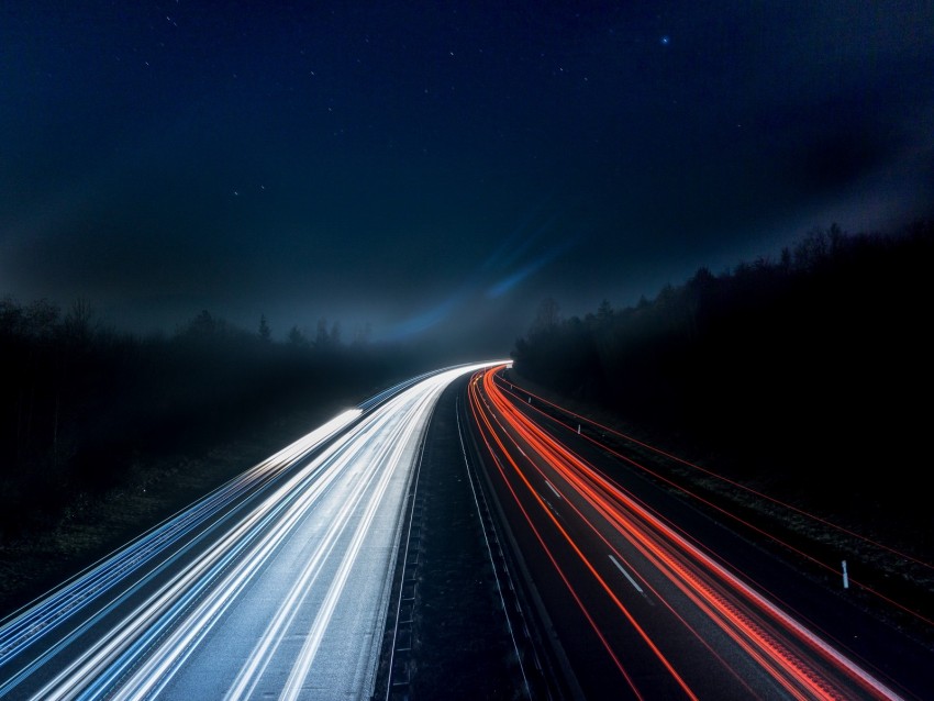 road, backlight, long exposure, movement, turn, night