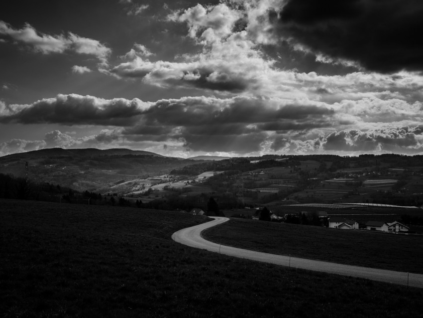 road, bw, turn, sky, clouds