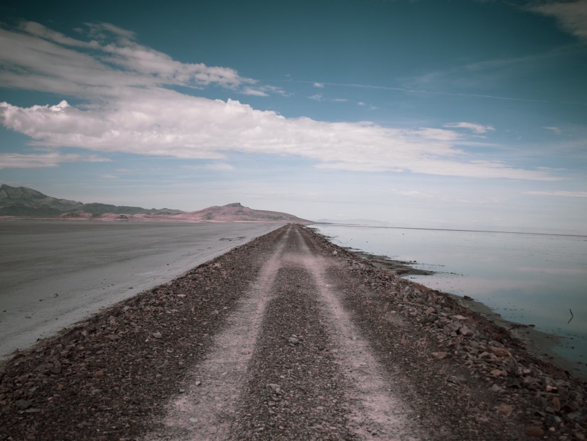 road, coast, stones, water, hills, clouds