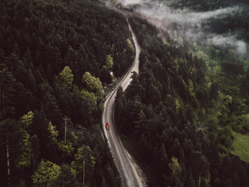 road, forest, aerial view, mountains, hills