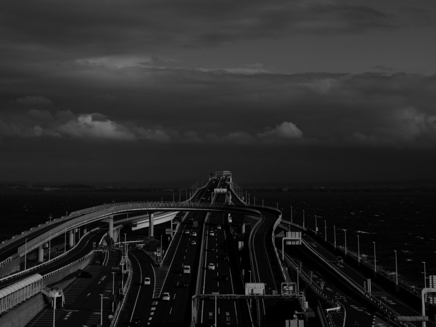 road, highway, bw, sky, clouds, dark