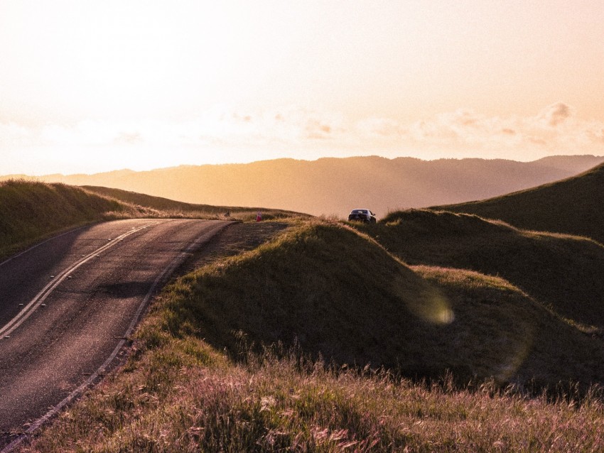 road, hilly, relief, landscape, sunrise