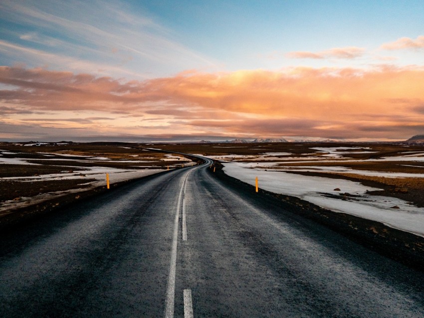 road, horizon, markup, turn, snow, sunset