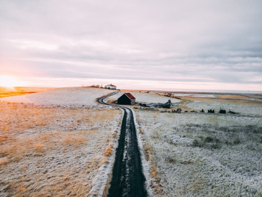 road, house, snow, solitude, silence