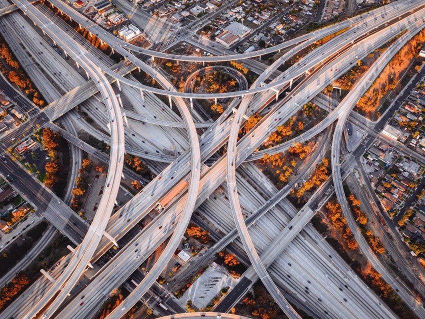 road junction, roads, aerial view, interchange road, fork, sunset, los angeles