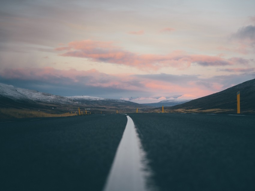 road, landscape, asphalt, strip, hills, iceland