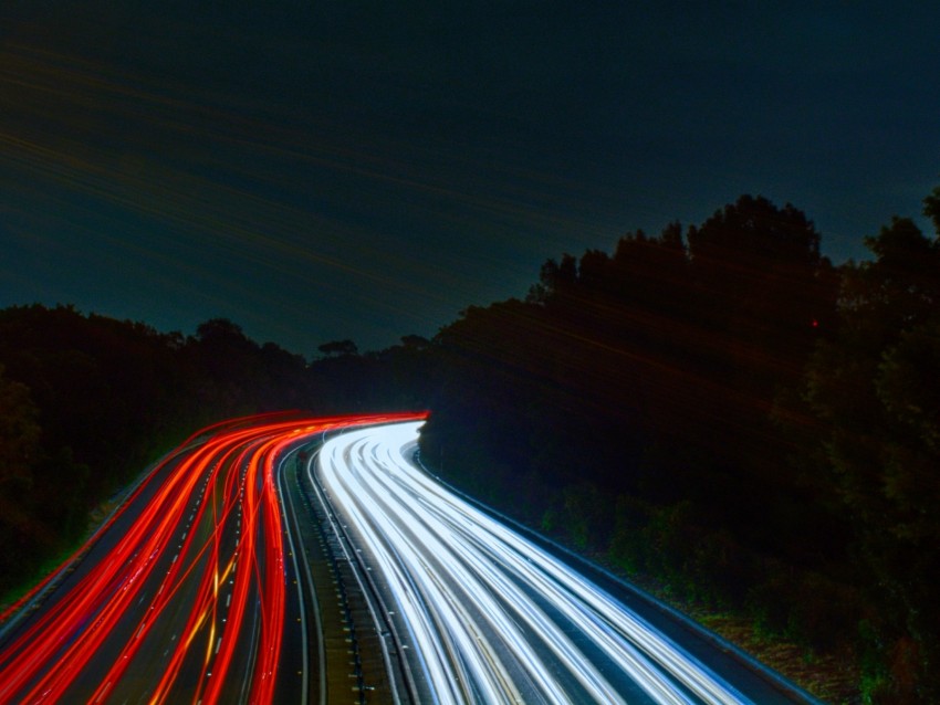 road, long exposure, turn, night, lights