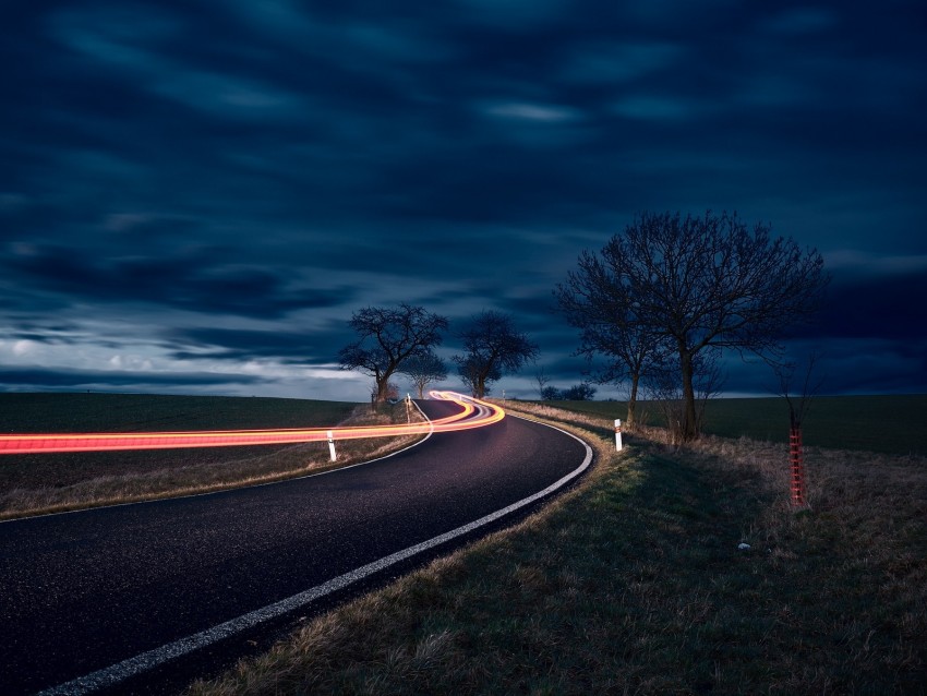 road, long exposure, turn, night, trees, sky