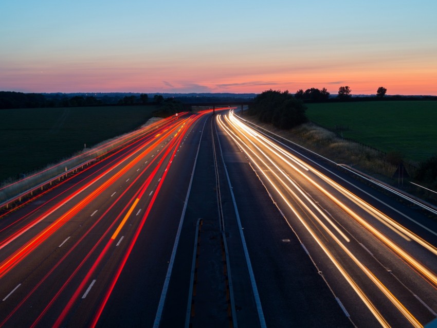 road, long exposure, turn, sunset, twilight