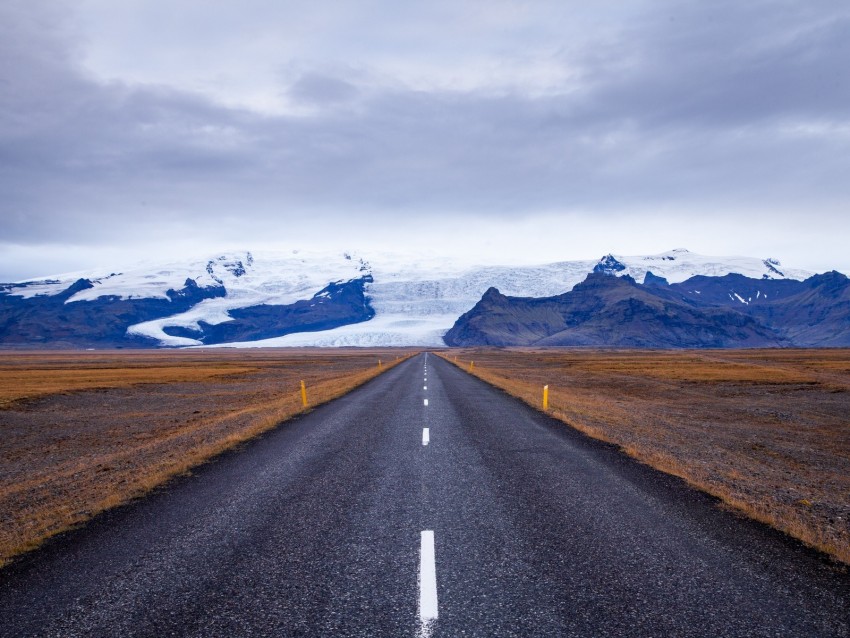 road, marking, asphalt, mountains, snow, ice, iceland