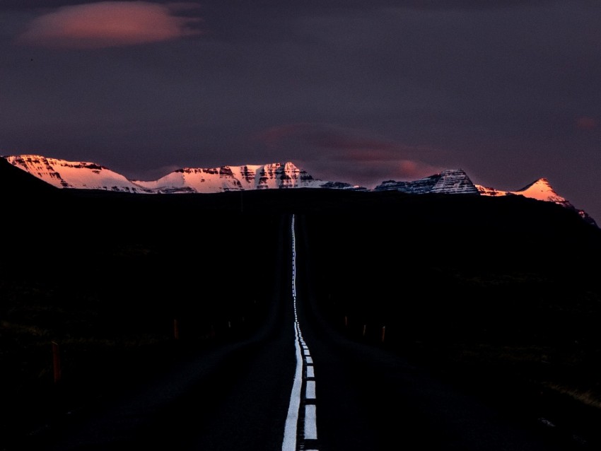 road, marking, mountains, horizon, dark, night, sunset