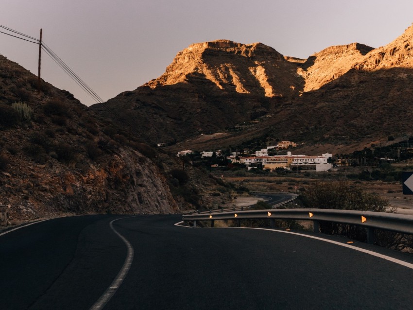 road, mountains, buildings, asphalt, winding