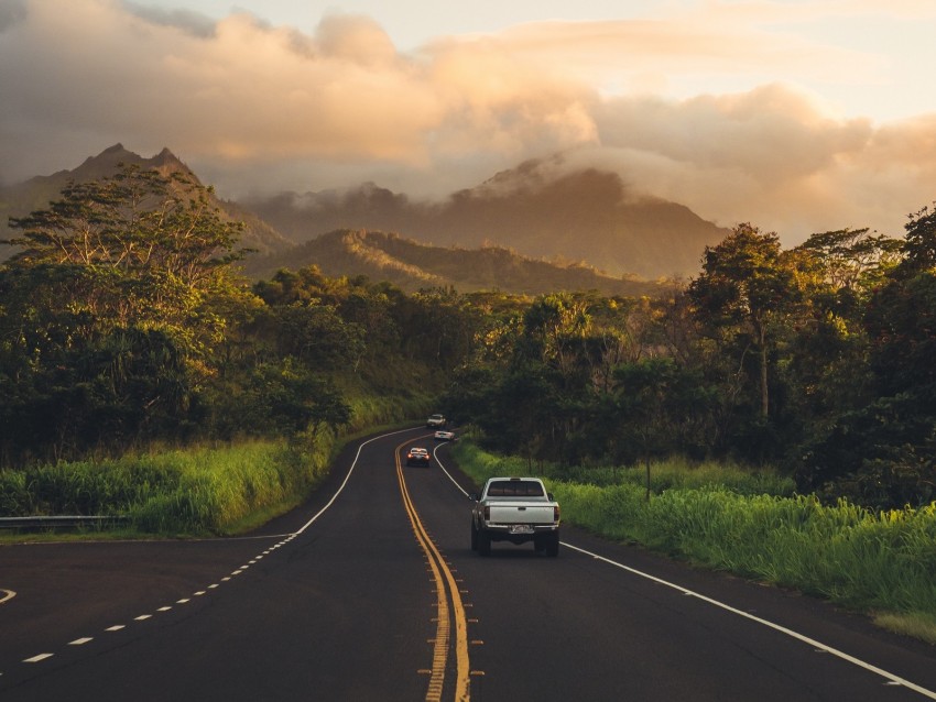 road, mountains, landscape, turn, asphalt, cars