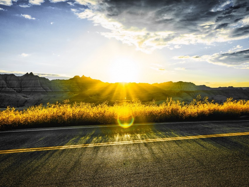 road, mountains, sun, glare, sunny