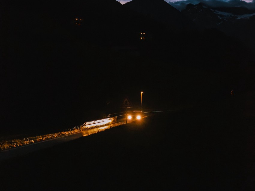 road, night, dark, headlights, light