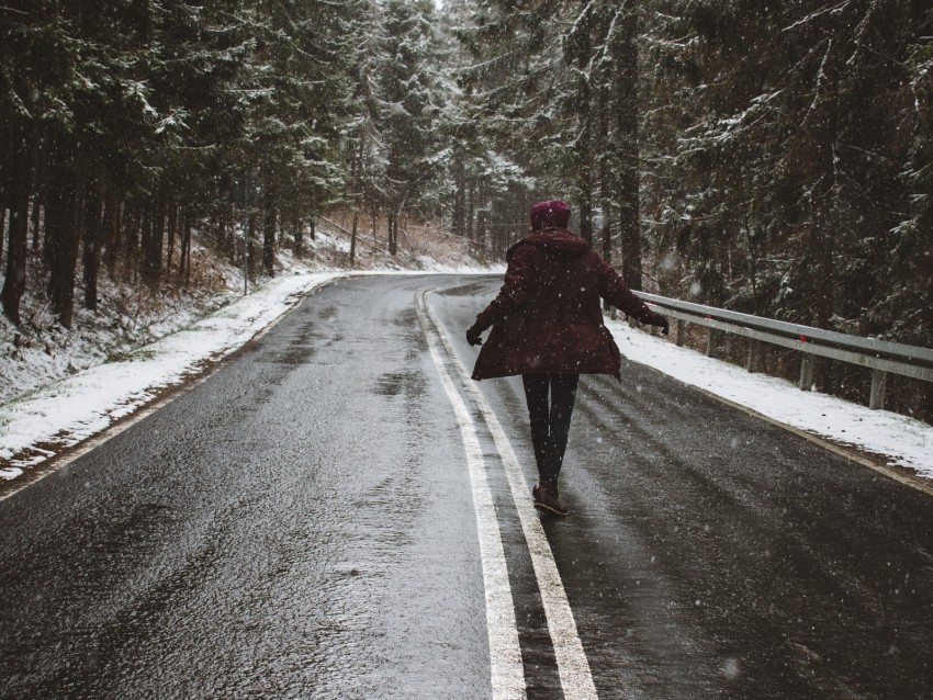 road, silhouette, trees, turn, snow, asphalt, wet