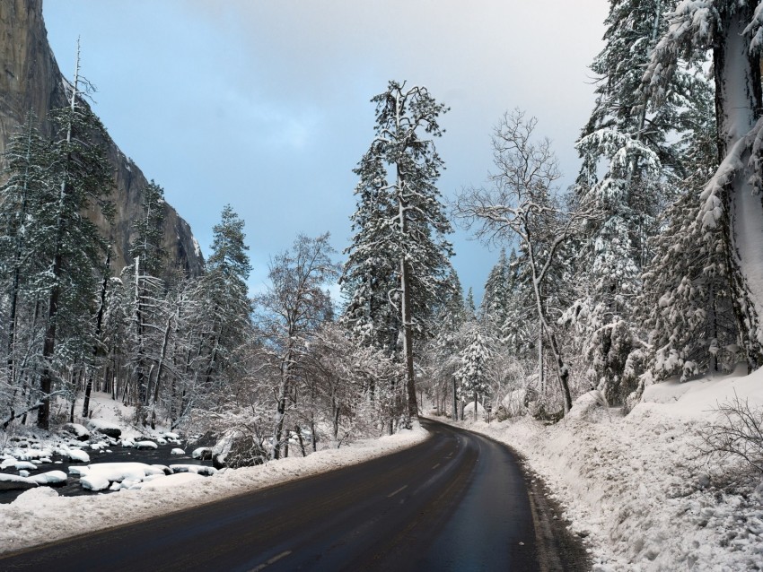 road, snow, winter, turn, valley, landscape