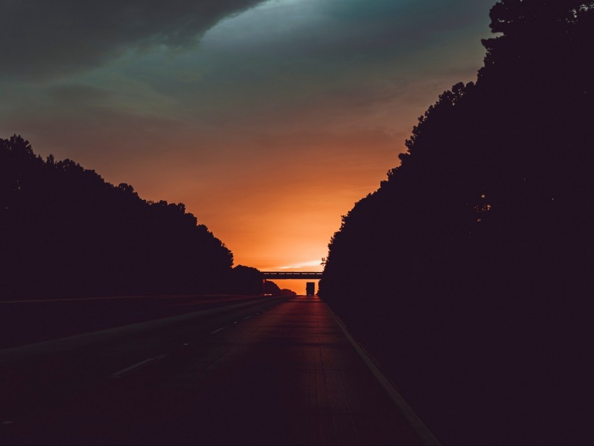 road, sunset, movement, clouds, twilight