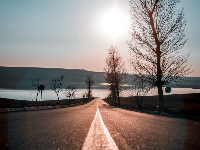 road, trees, sunset, sky, direction