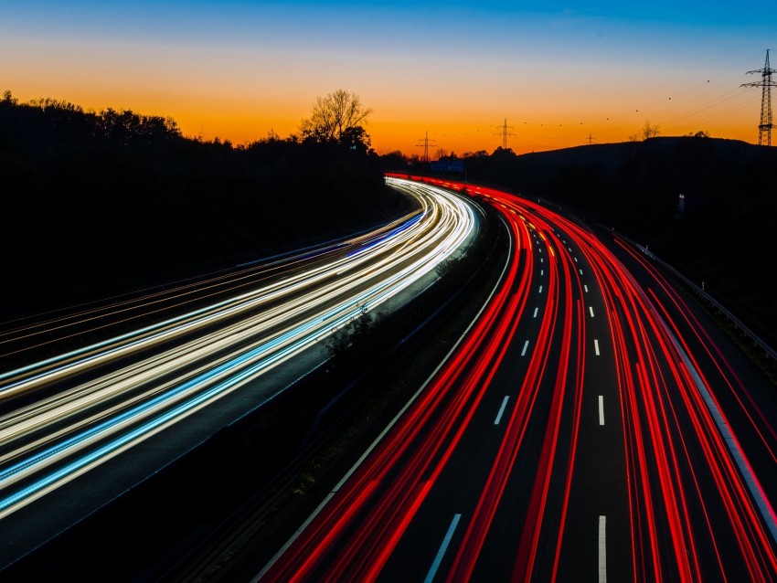 road, turn, backlight, movement, evening, twilight, long exposure