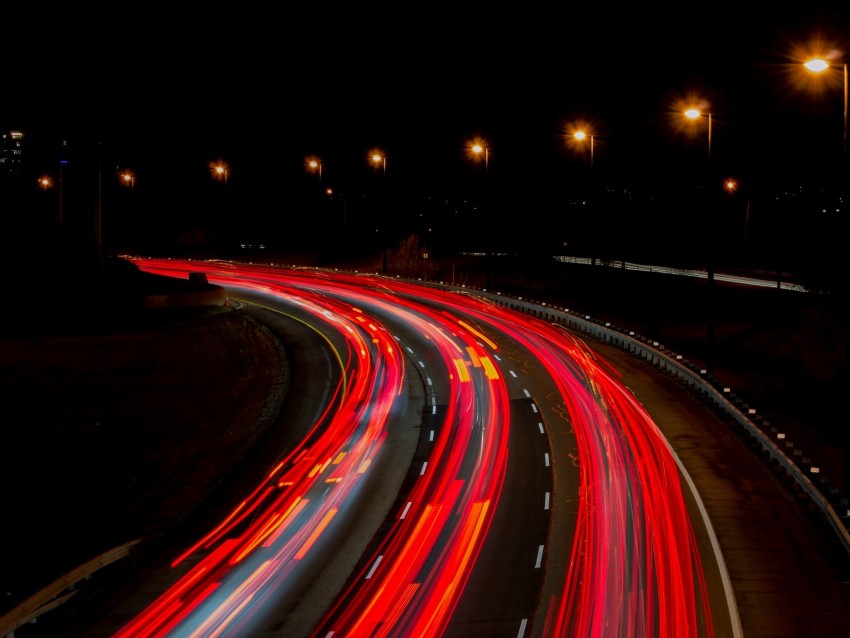 road, turn, backlight, night, long exposure