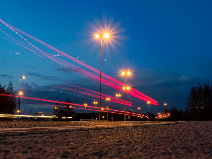 road, turn, glow, night city