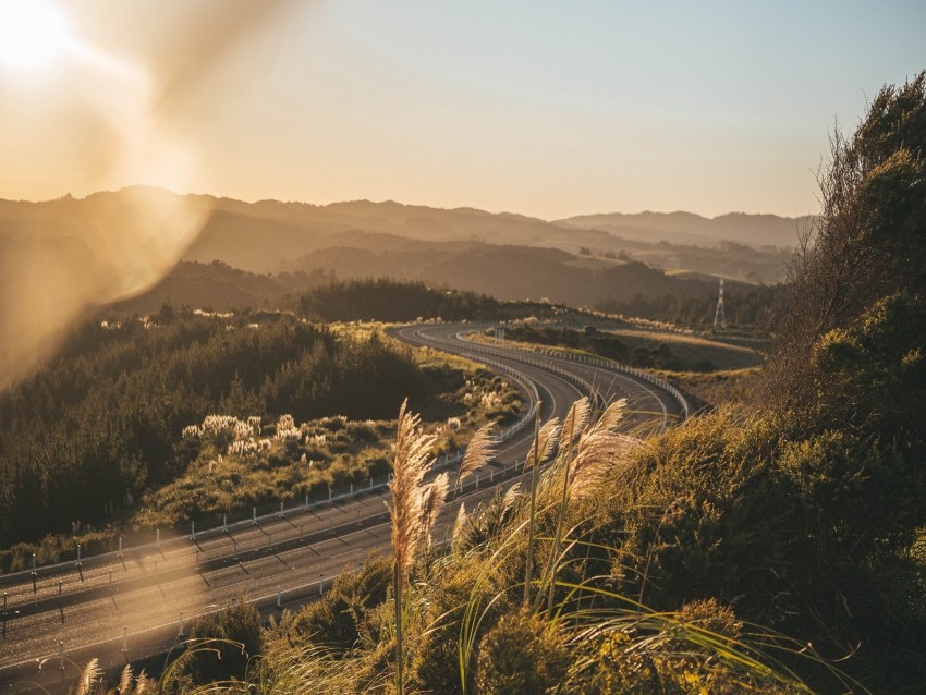 Road Turn Grass Sky Landscape Background